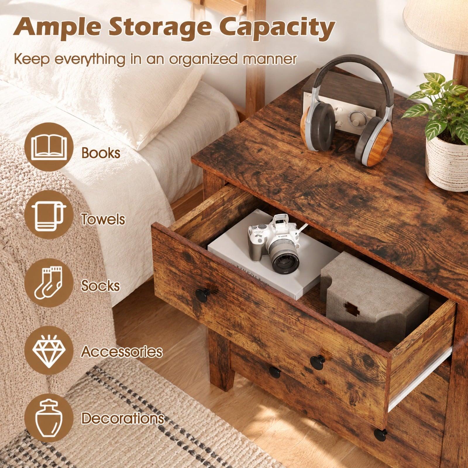 RUIE Dresser Chest of Drawers Bedside Table, 3 Drawer, Rustic Brown, 2