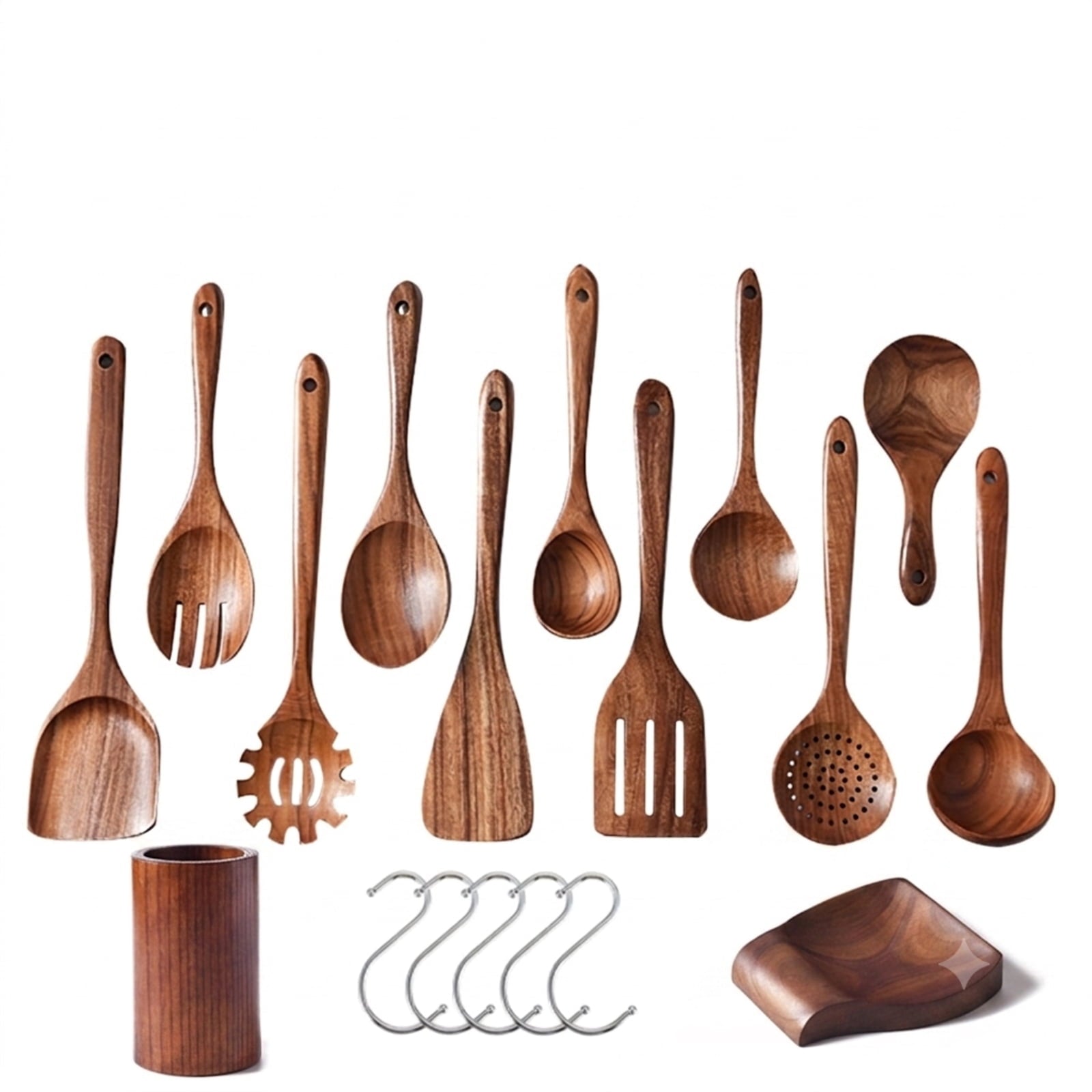 RUIE 13-Piece Wooden Kitchen Utensil Set with Holder, Spoon Rest and 5