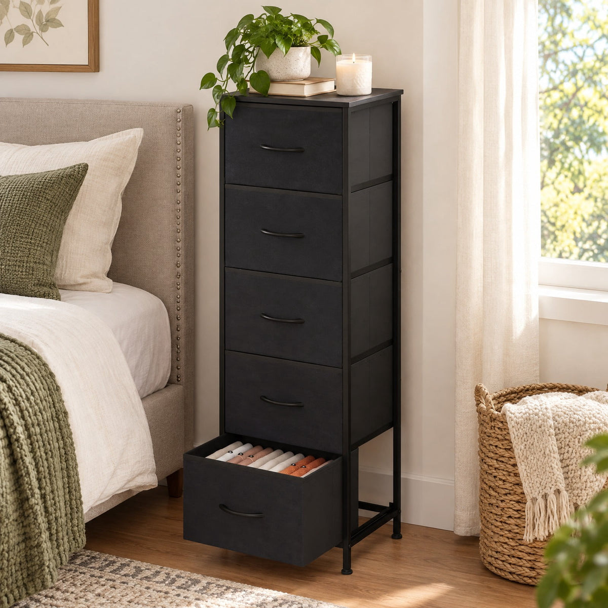 RUIE Dresser Nightstand with 5 Roomy Fabric Drawers for Bedroom, Surfa