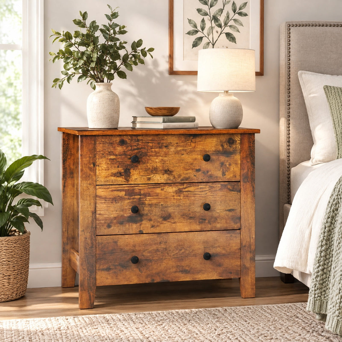 RUIE Dresser Chest of Drawers Bedside Table, 3 Drawer, Rustic Brown, 2