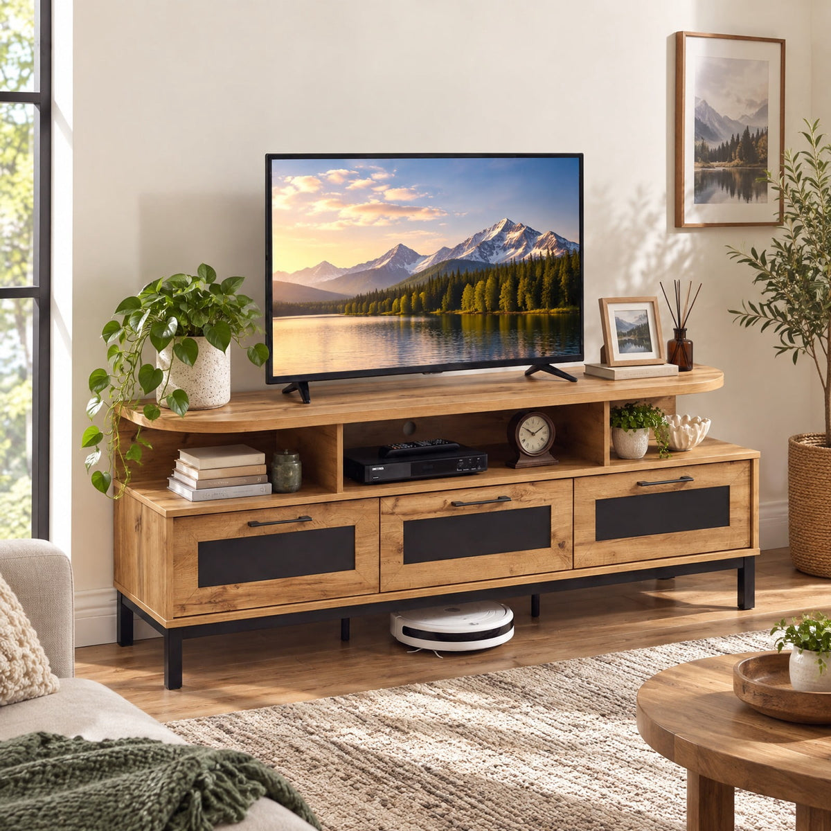 RUIE Entertainment Center with 3 Storage Drawers and Open Shelves, 63
