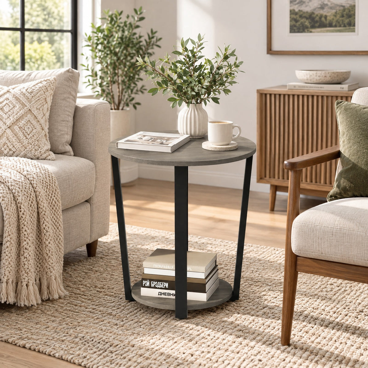 Red Shelf Table RUIE Round End Table with Storage Shelf and Metal Frame, 2-Tier, 19.5