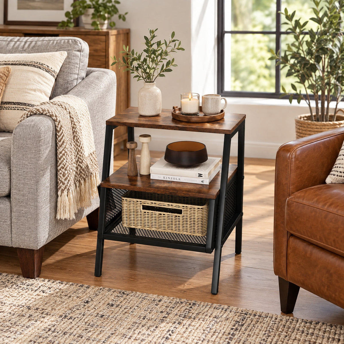 RUIE Living Room End Table Industrial Nightstand 3-tier End Table with