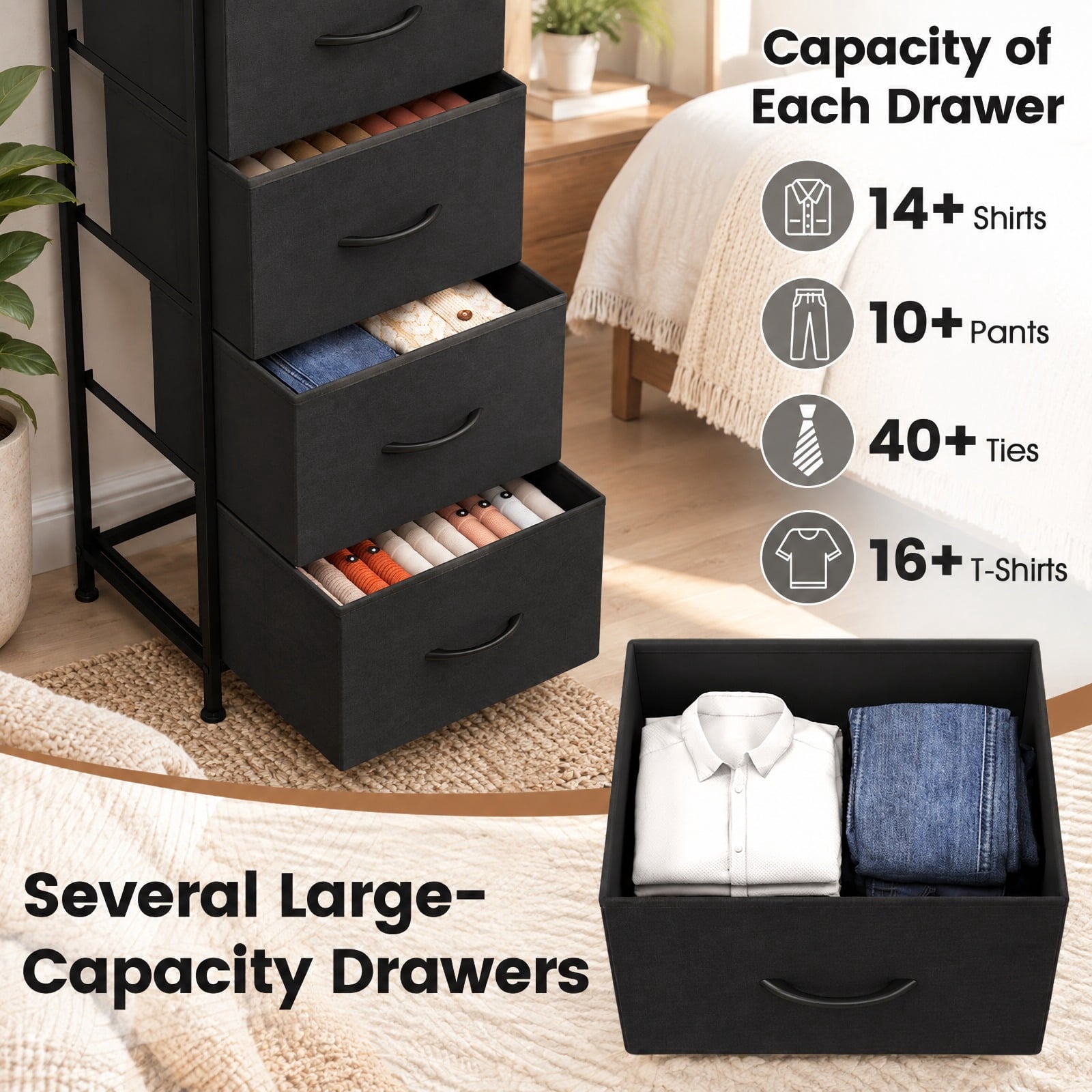 RUIE Dresser Nightstand with 5 Roomy Fabric Drawers for Bedroom, Surfa