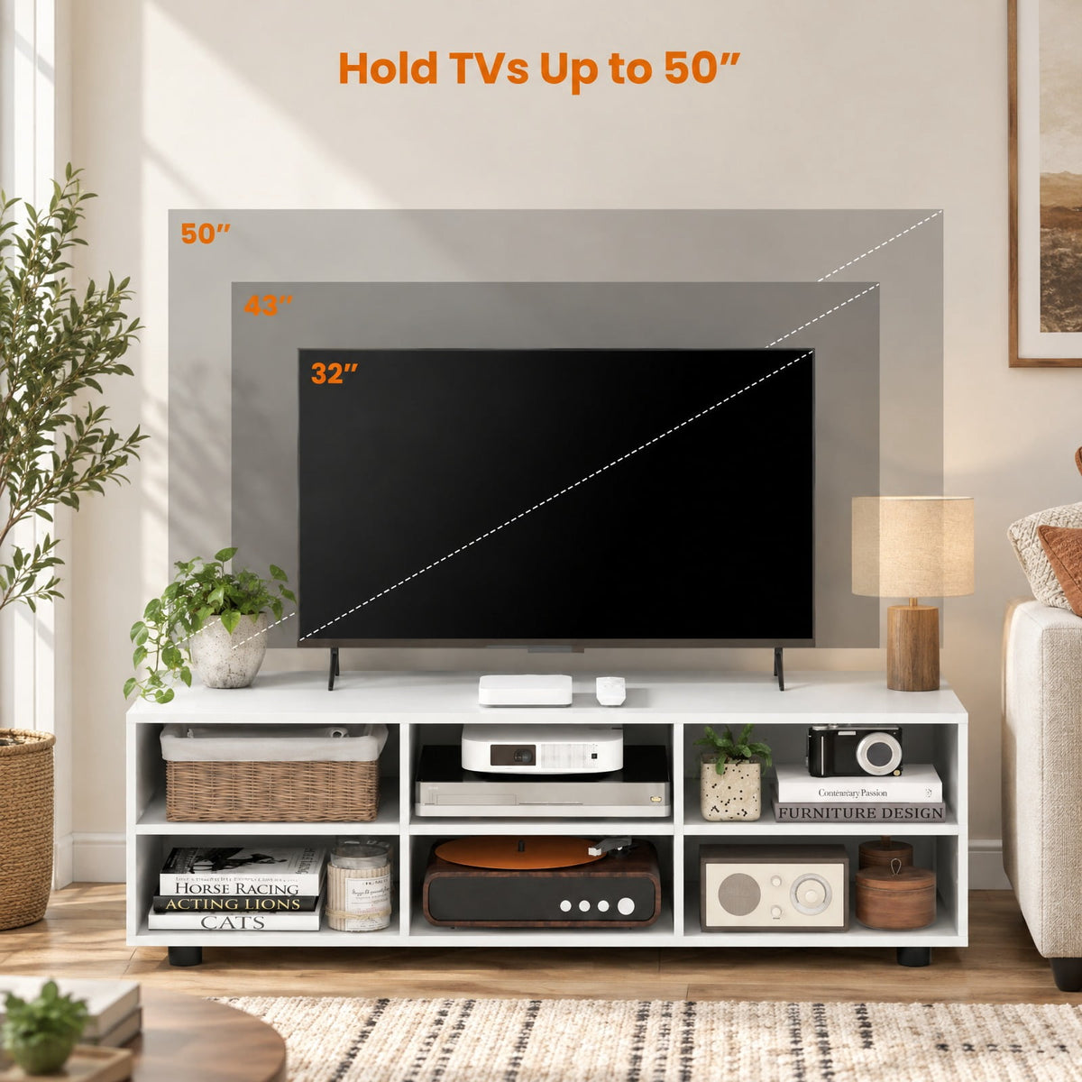 RUIE TV Stand for TV Up to 55 Inch with 6 Storage Compartments, 45 Inc